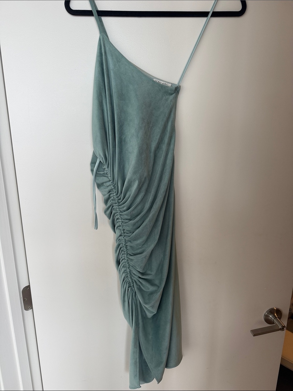 Ronny Kobo Collection One-Shoulder Ruched Slip Dress in Sage Green